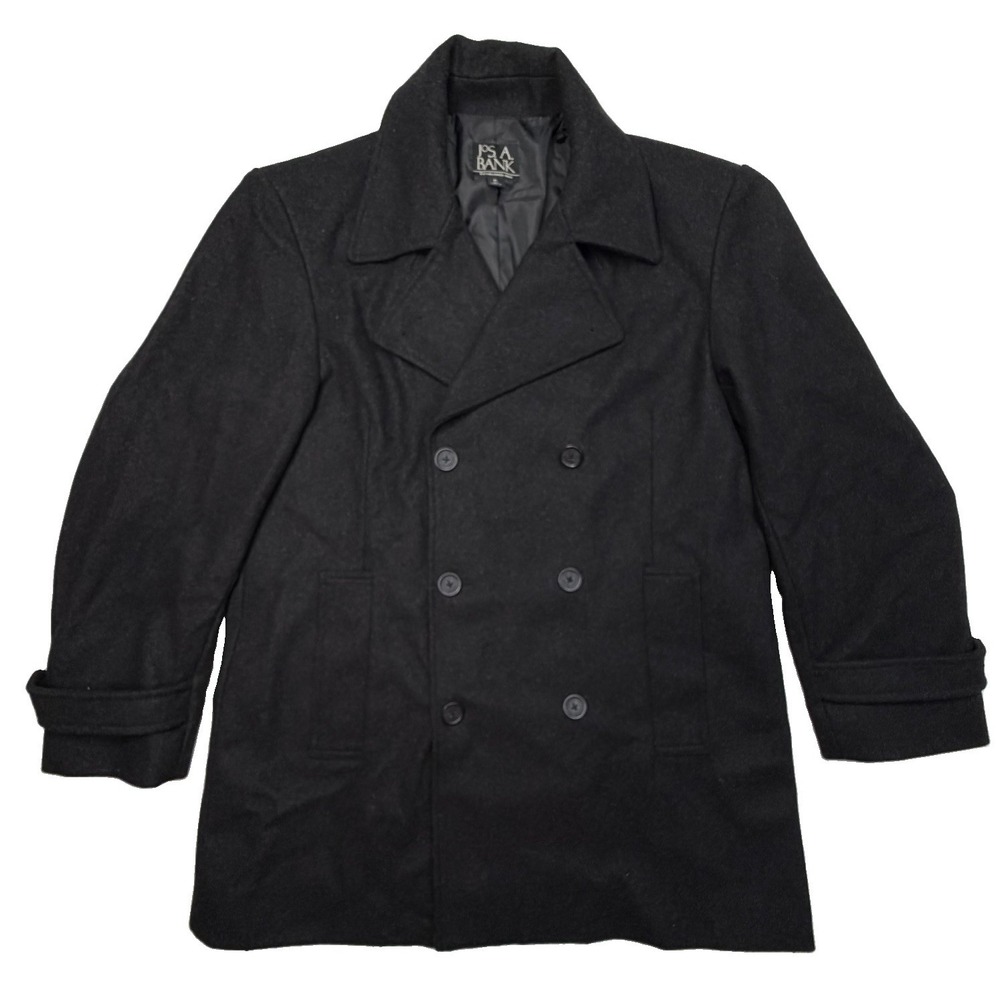 Jos A Bank Mens XL Black Wool Blend Double Breasted Peacoat Winter Overcoat